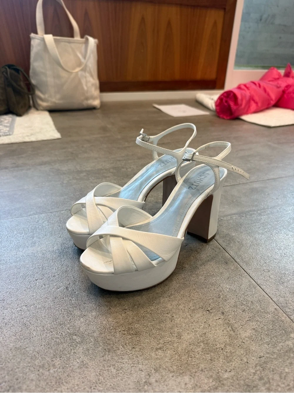 SCHUTZ White Platform Slingback Sandals with Blue Insole